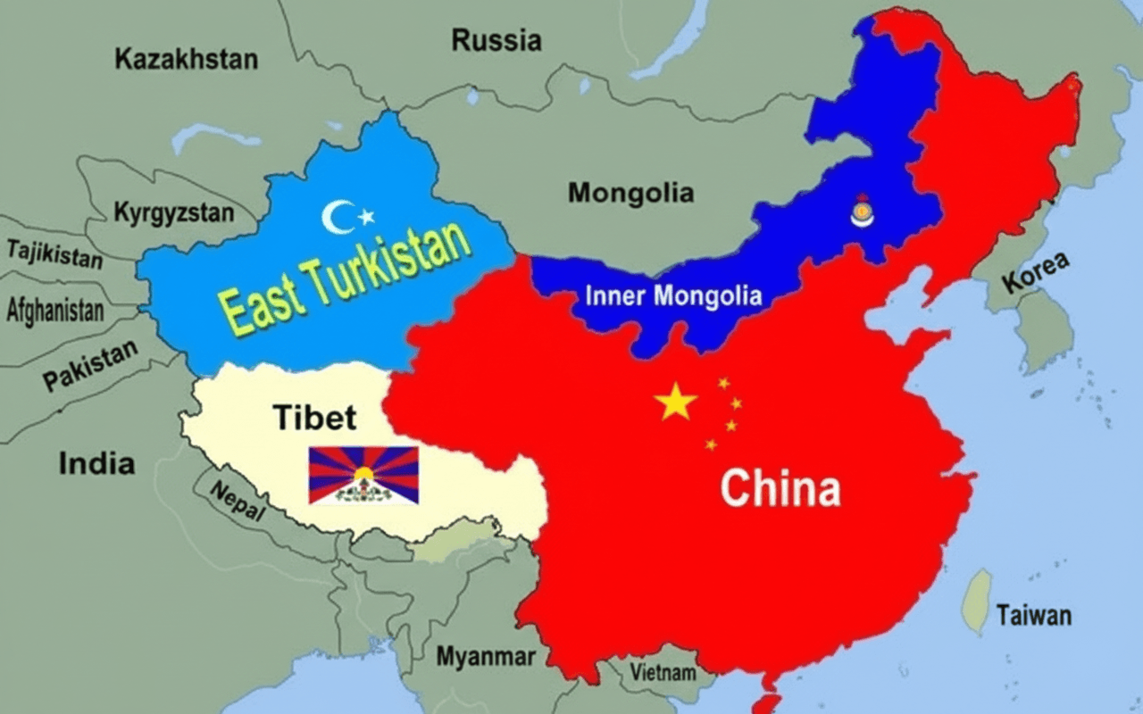 Kart som viser Øst-Turkistans geografiske plassering